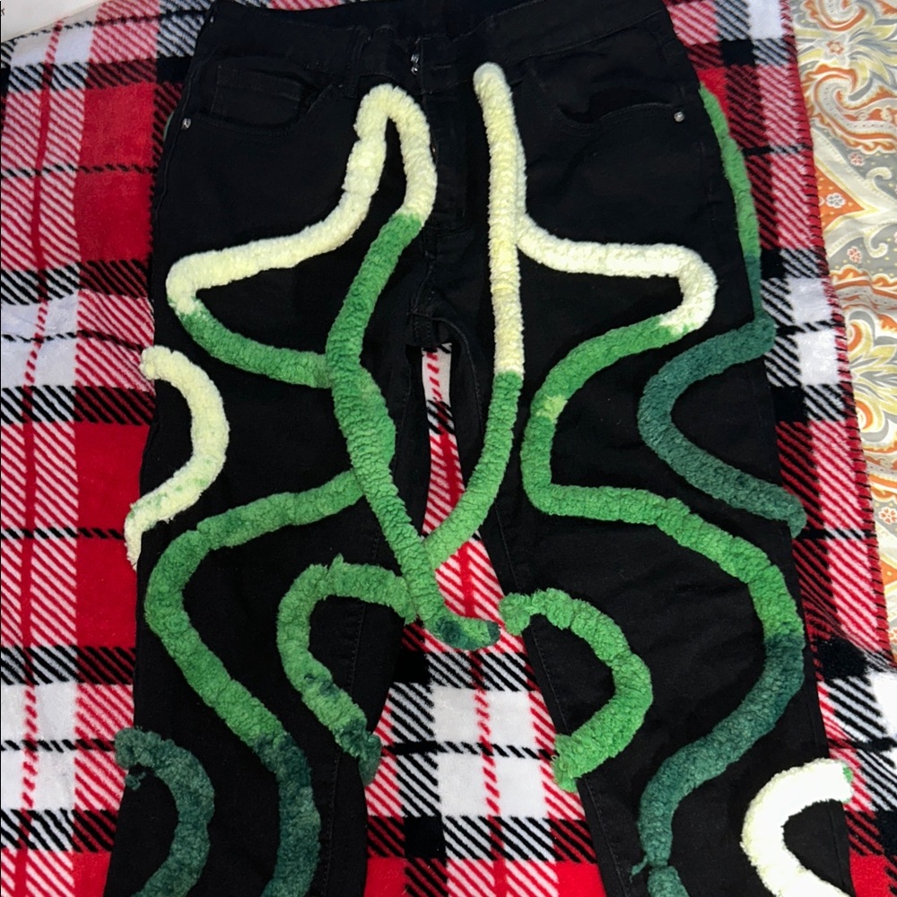 Black Jeans with Green and Cream Textured Design